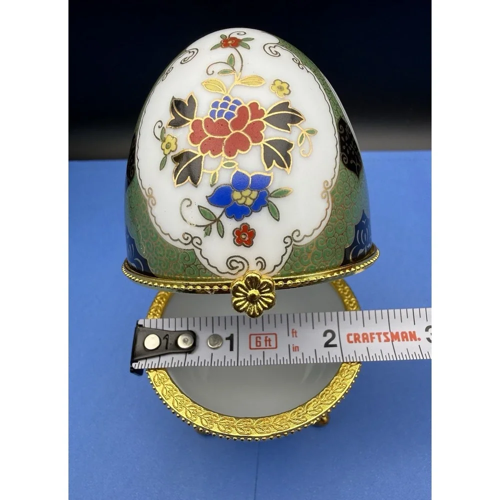 Vintage Porcelain Hinged Footed Egg Shaped Trinket Box Floral Gold Trim Snap